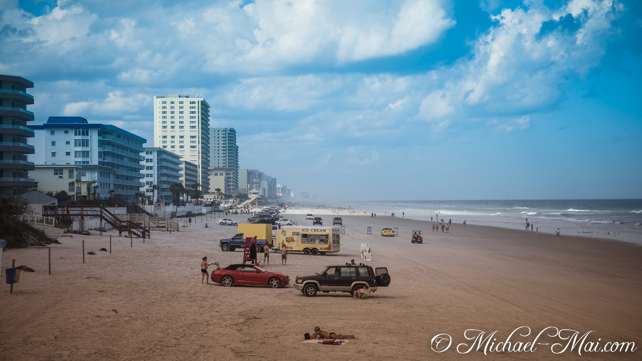 Daytona's unique beach allows vehicles and visitors to share the sprawling coastline with high-rises. | Daytona Beach Shores, Florida, United States