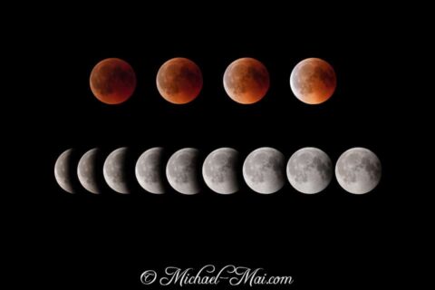 Tracing the moon's celestial journey, from blood-red eclipse to radiant full disk.