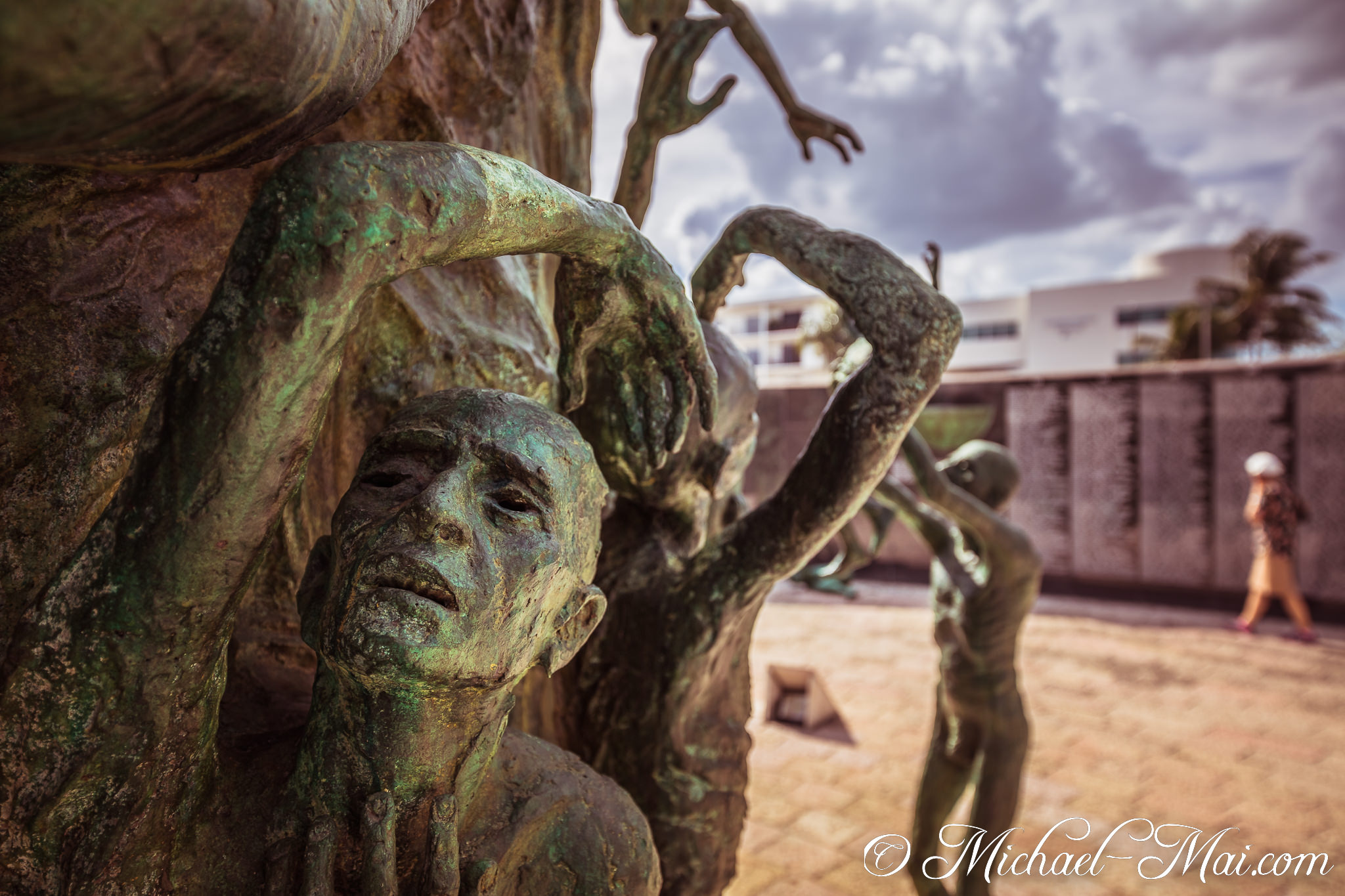 Rough bronze skin and a pained gaze embody profound human suffering. | Miami Beach, Florida, United States