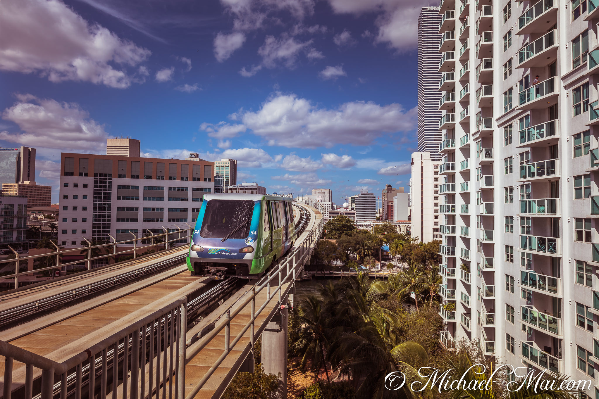 Green and blue people mover journeys above lush palms and sleek city buildings. | Miami, Florida, United States