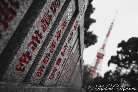 Gritty stone reveals scarlet script, sharply contrasting the soft focus of a modern tower.