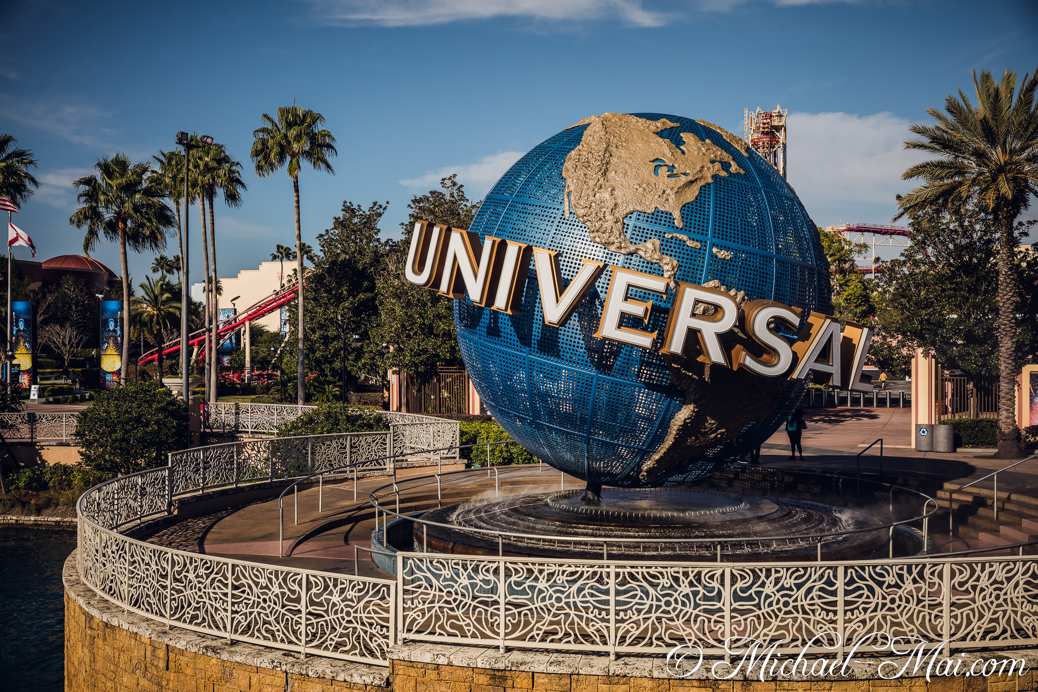 Spinning Universal globe stands as a grand welcome to the legendary theme park. | Orlando, Florida, United States