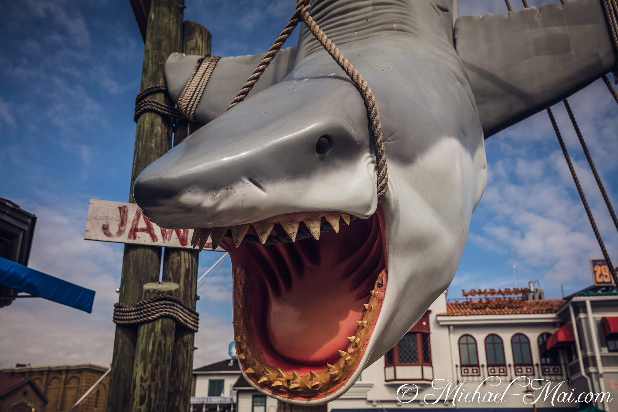 With jaws agape, this iconic shark sculpture dominates the lively attraction. | Orlando, Florida, United States