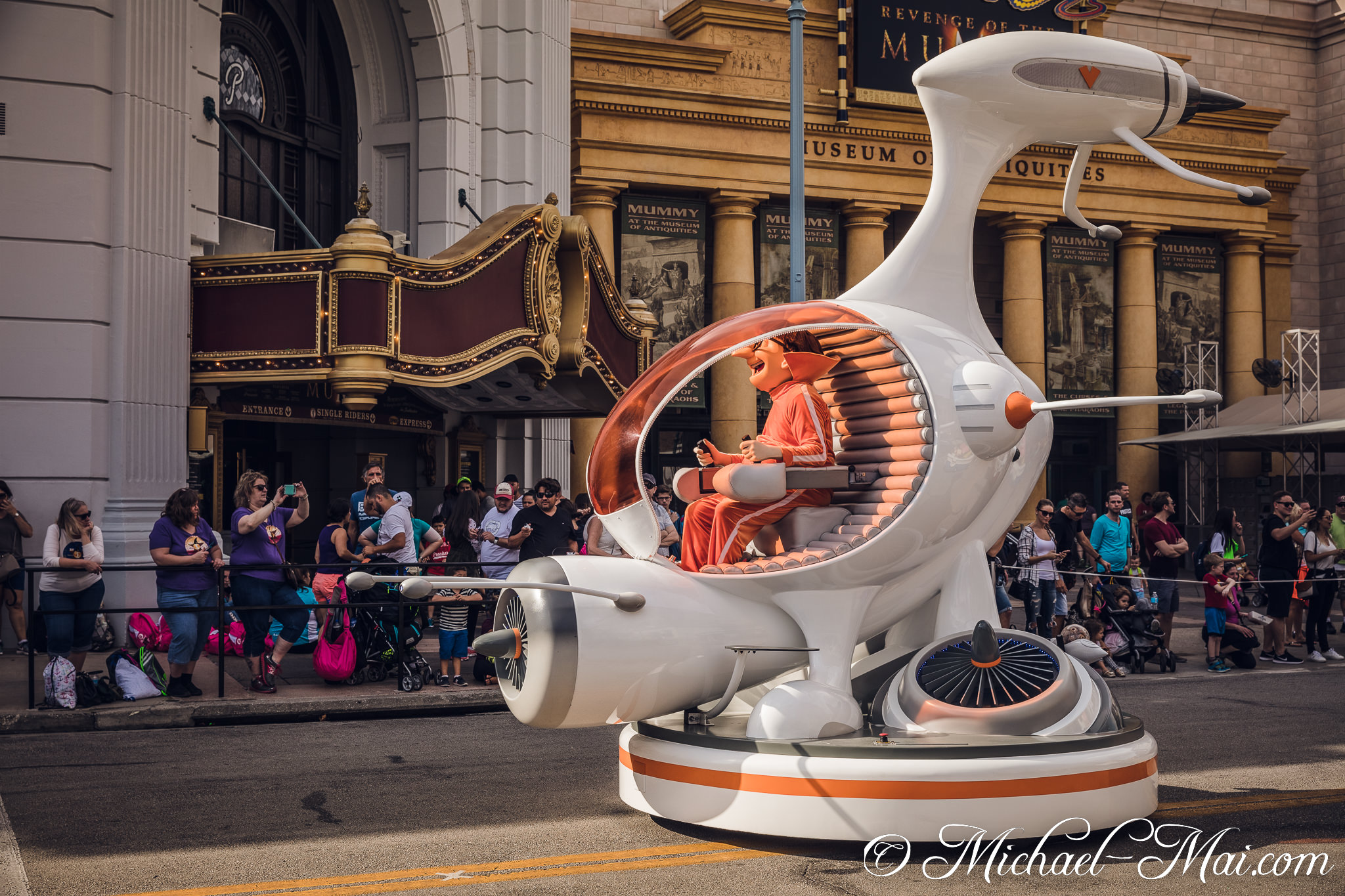 Vector from Despicable Me pilots his unique flying machine through a lively parade. | Orlando, Florida, United States