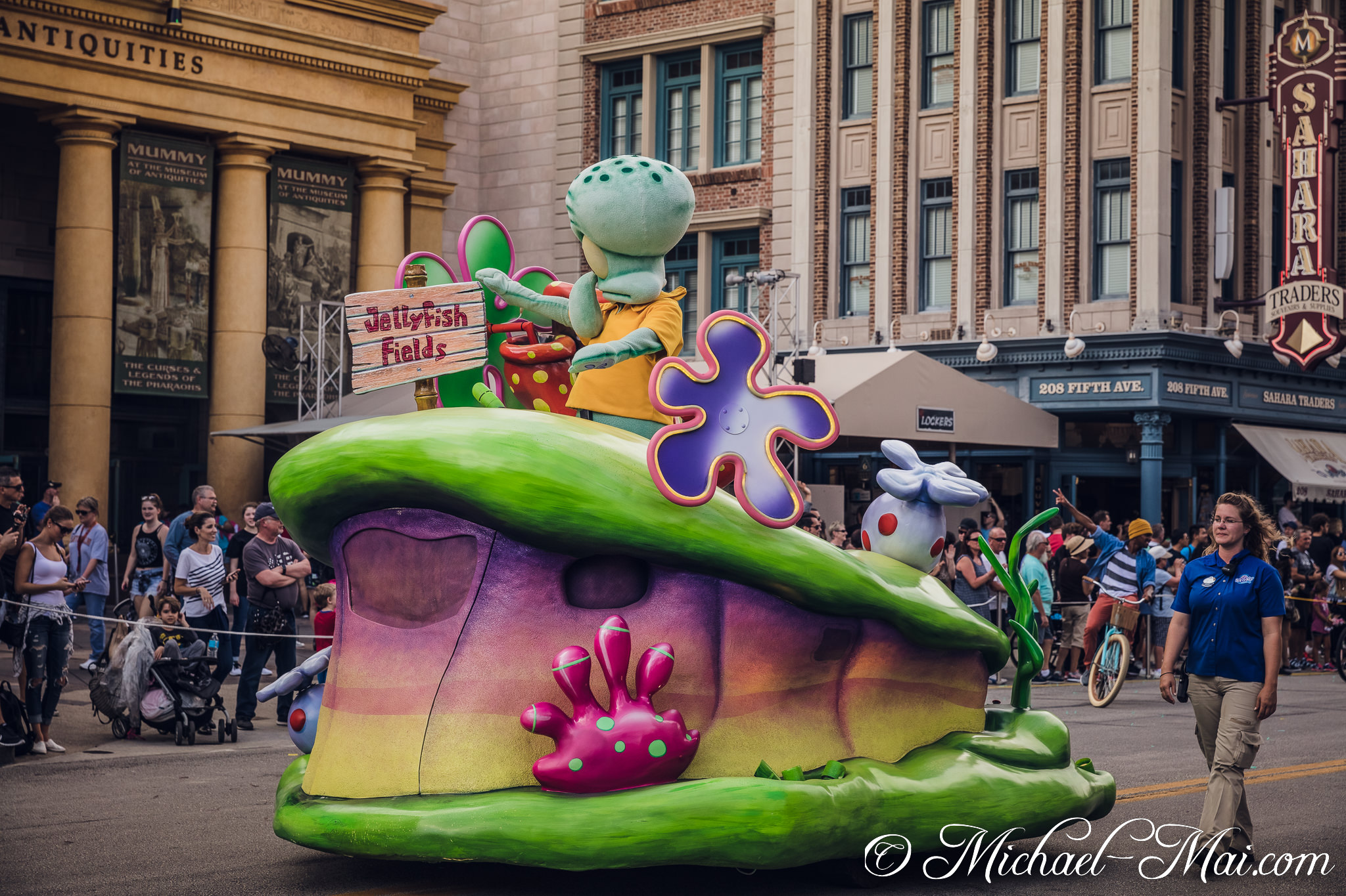 Distinctive Squidward float featuring "Jellyfish Fields" entertains parade guests. | Orlando, Florida, United States