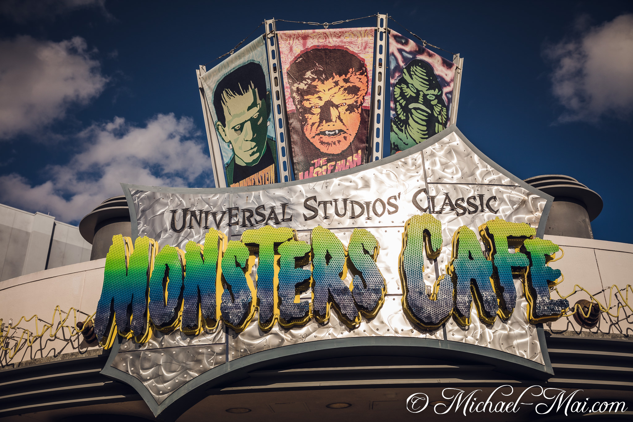 Frankenstein, Wolf Man, and Creature banners adorn Universal Studios' Monsters Cafe. | Orlando, Florida, United States