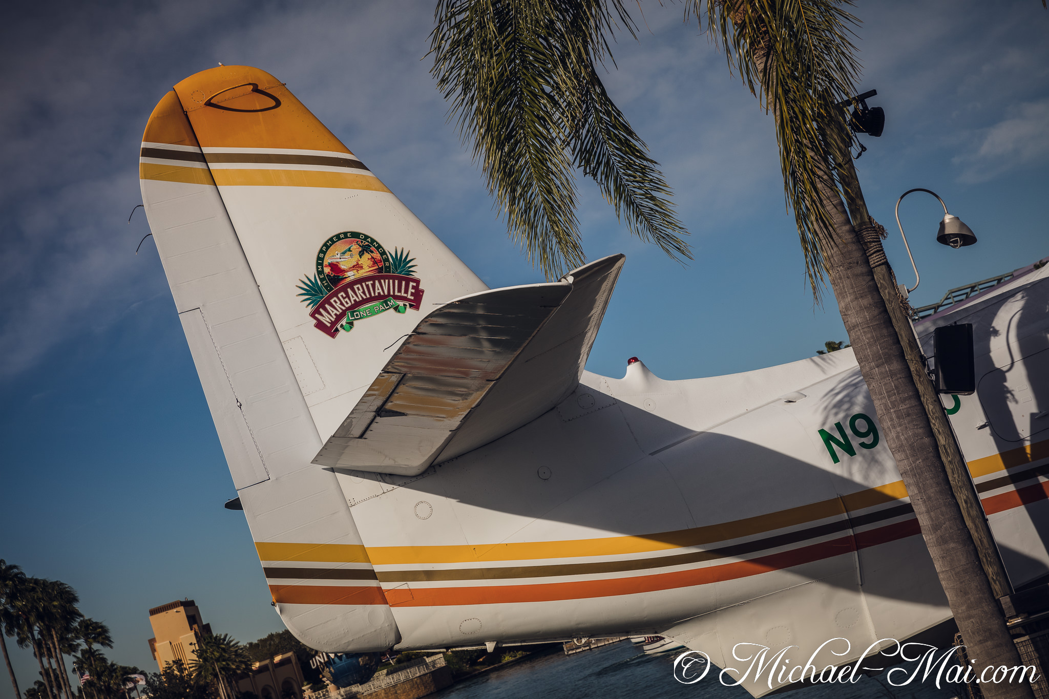 Margaritaville plane's vibrant tail and stripes stand among tropical palm fronds. | Orlando, Florida, United States